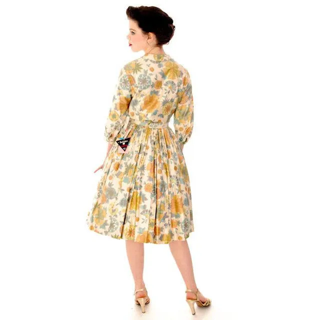 Vintage Shirtwaist Dress Polished Cotton Pretty Pastels Jo White 1950S NOS 40-28-Free