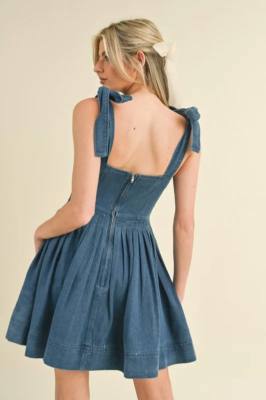 Washed Denim Tie Shoulder Dress