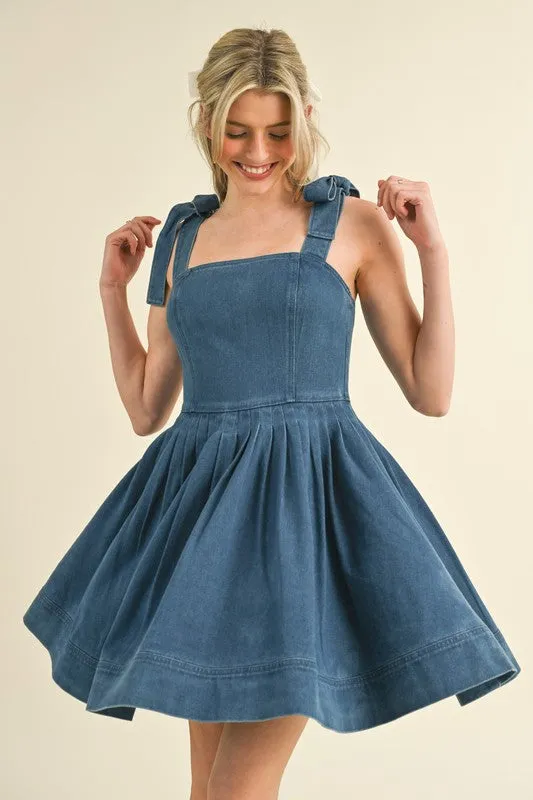 Washed Denim Tie Shoulder Dress