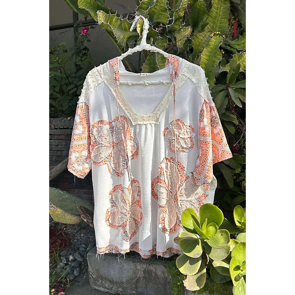 Wheat Floral patch hoodie short POL Top