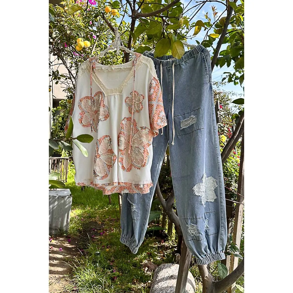 Wheat Floral patch hoodie short POL Top