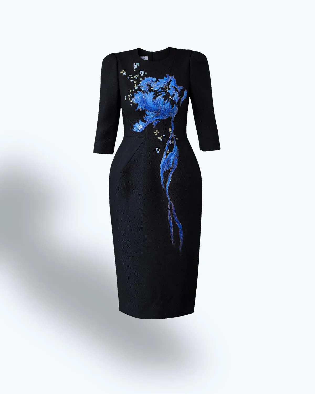 Wildflower-painted Tucked Sleeve Black Hopsack Midi Dress