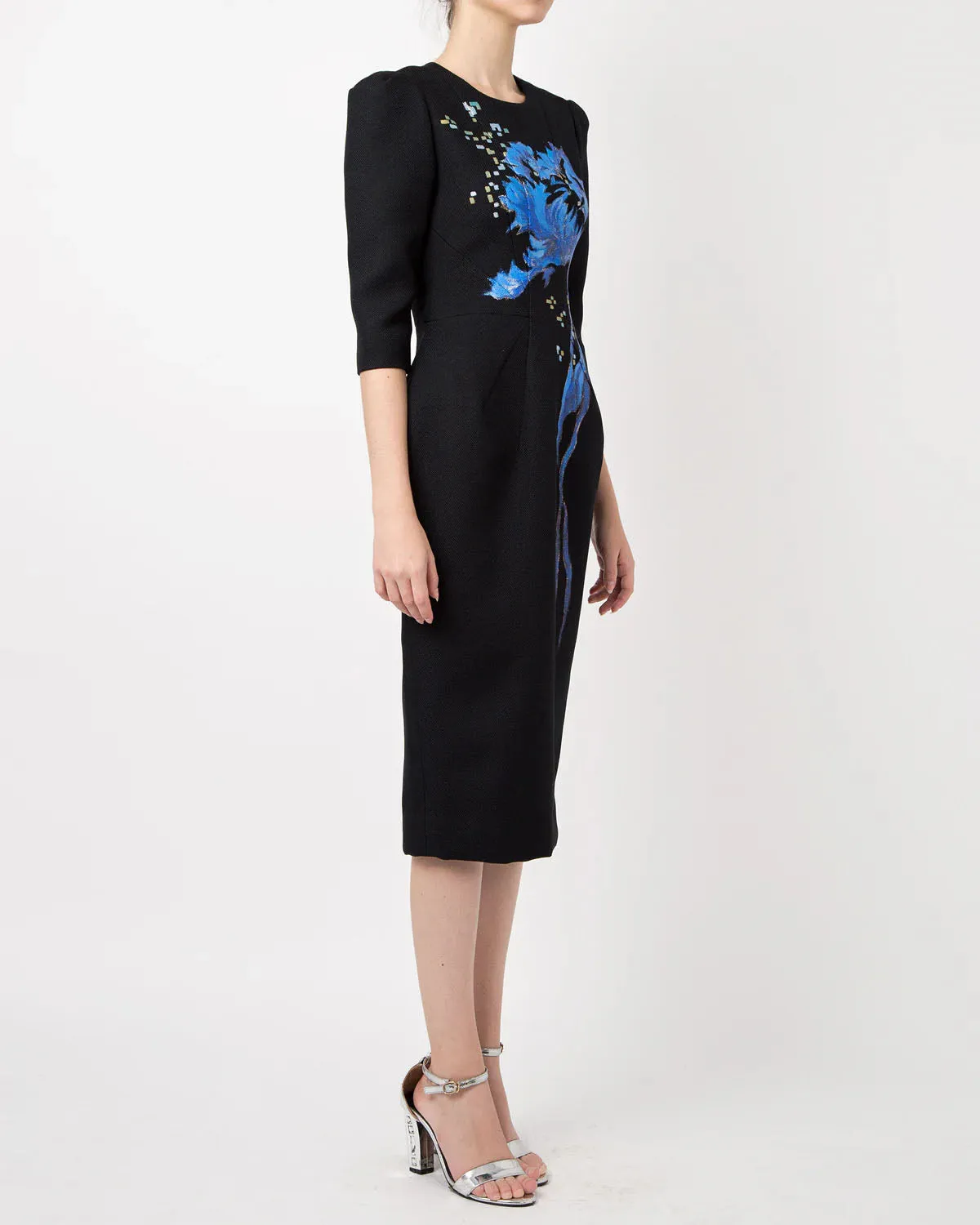 Wildflower-painted Tucked Sleeve Black Hopsack Midi Dress
