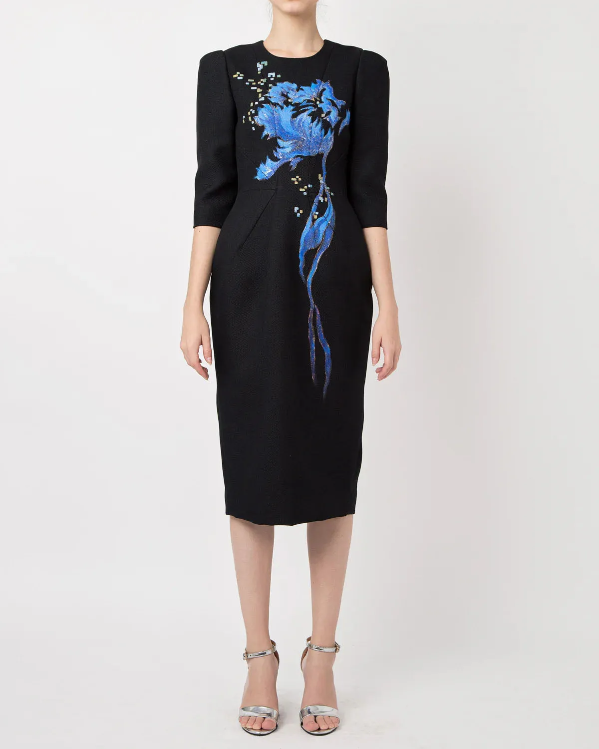 Wildflower-painted Tucked Sleeve Black Hopsack Midi Dress