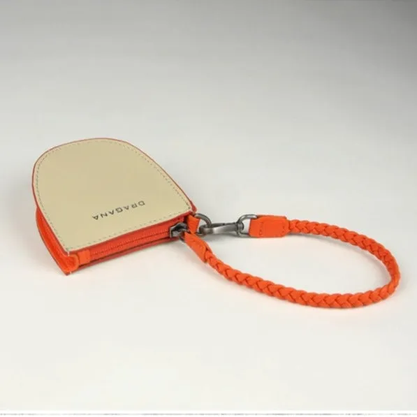 Womens Beige&Orange Leather Coin Zip Wallet with Leather Chain Leather Zip Wristlet Purse for Ladies