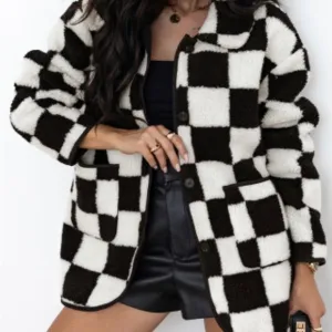 Womens Black Checkered  Buttoned Fleece Jacket