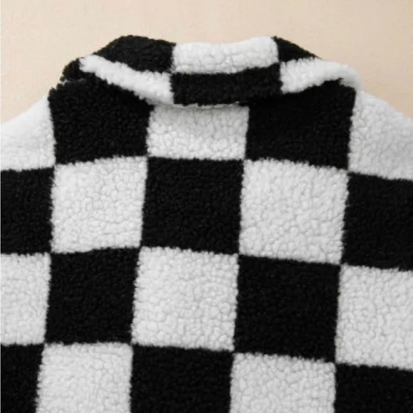 Womens Black Checkered  Buttoned Fleece Jacket