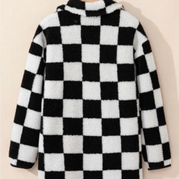 Womens Black Checkered  Buttoned Fleece Jacket