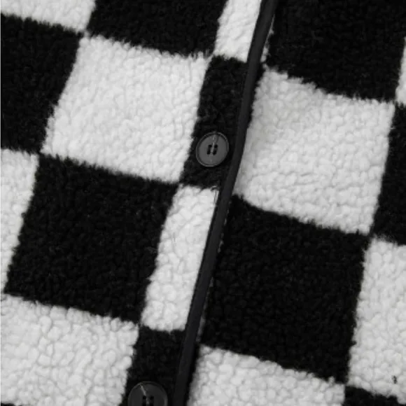 Womens Black Checkered  Buttoned Fleece Jacket