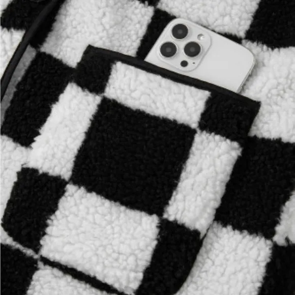 Womens Black Checkered  Buttoned Fleece Jacket