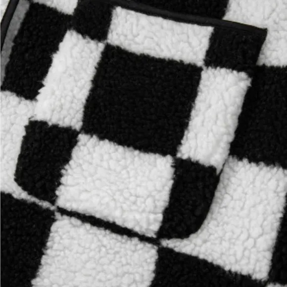 Womens Black Checkered  Buttoned Fleece Jacket