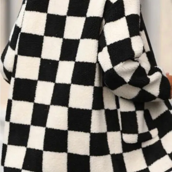 Womens Black Checkered  Buttoned Fleece Jacket