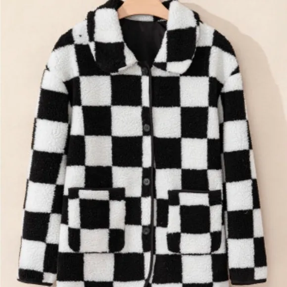 Womens Black Checkered  Buttoned Fleece Jacket
