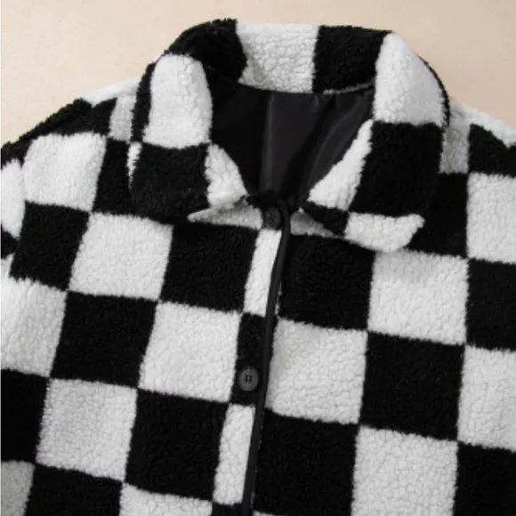 Womens Black Checkered  Buttoned Fleece Jacket
