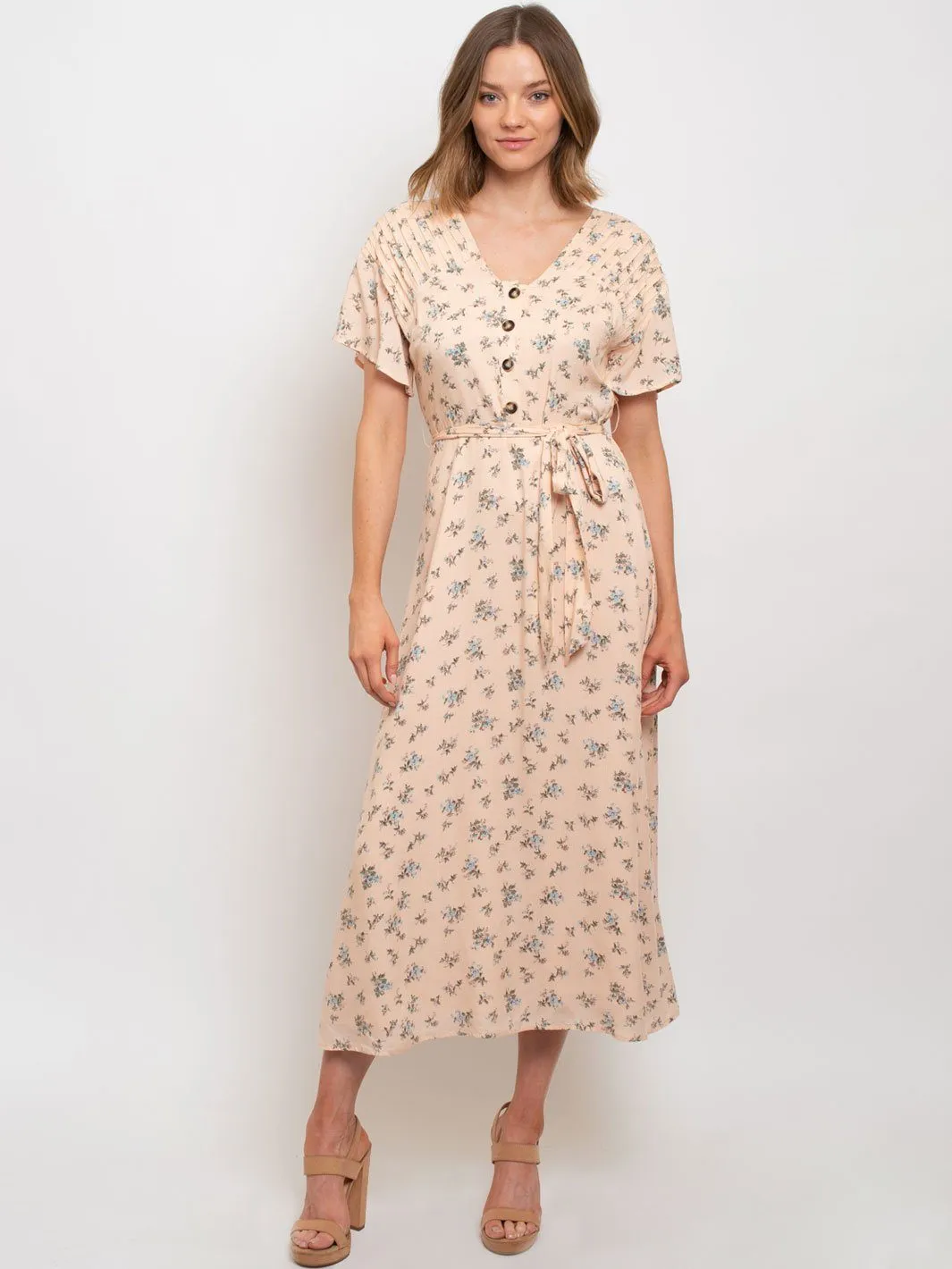 WOMEN'S DROP SHOULDER PLEATED FLORAL DRESS
