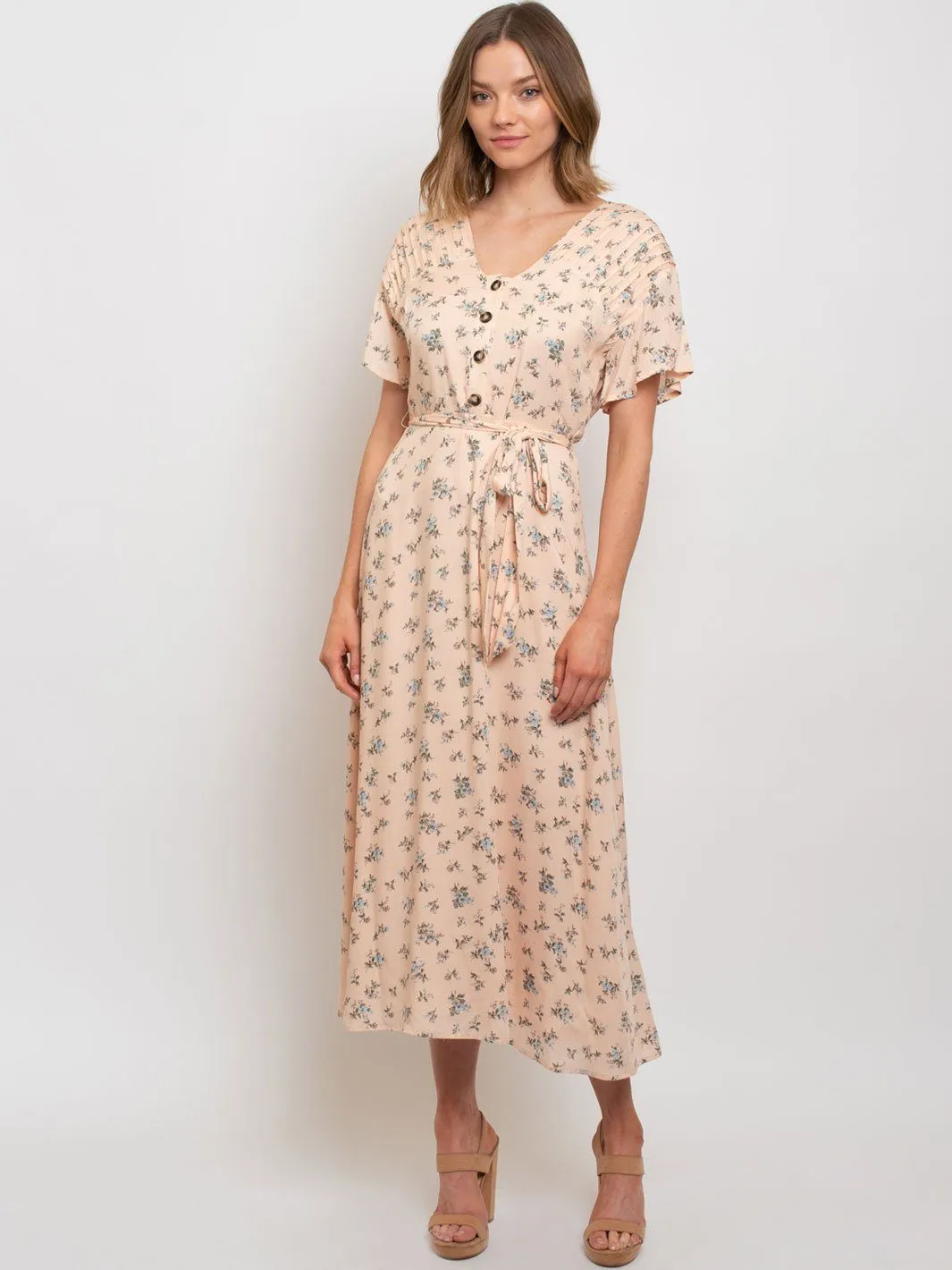 WOMEN'S DROP SHOULDER PLEATED FLORAL DRESS