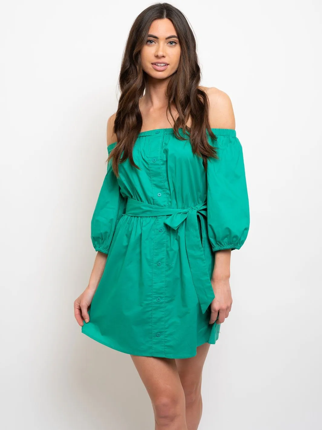 WOMEN'S FRONT BUTTON OFF SHOULDER DRESS