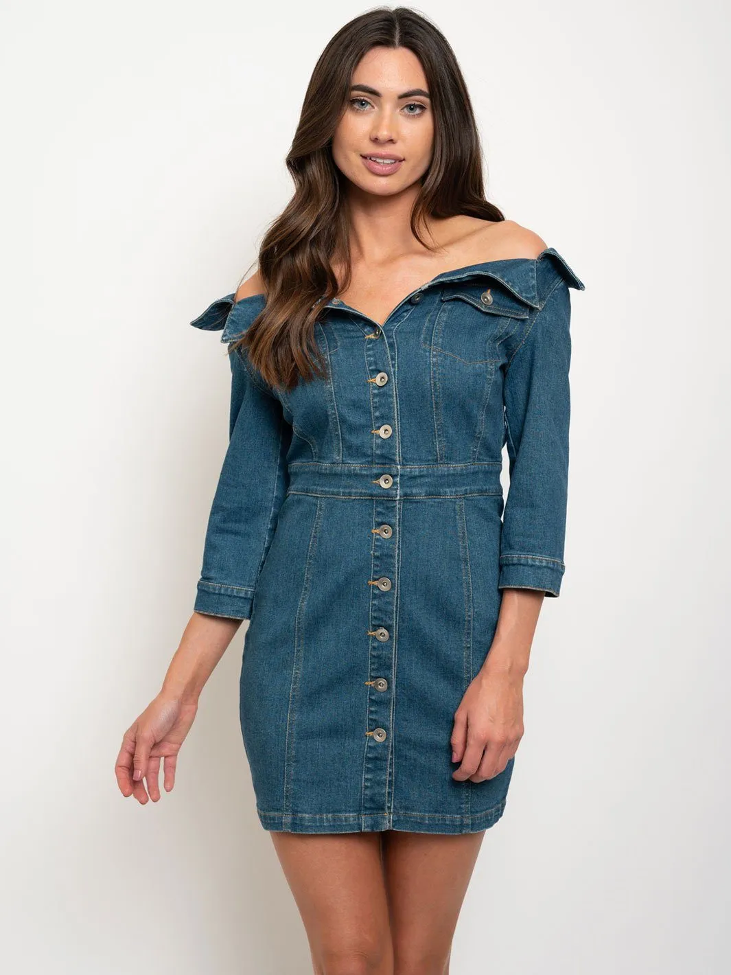WOMEN'S OFF SHOULDER BUTTON UP MINI DRESS