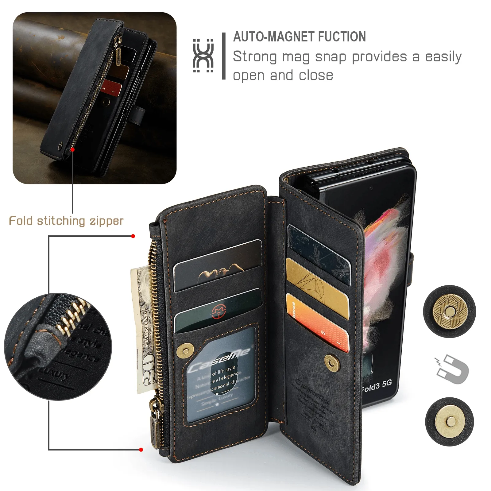Zipper Leather Wallet Case For Samsung Z Fold