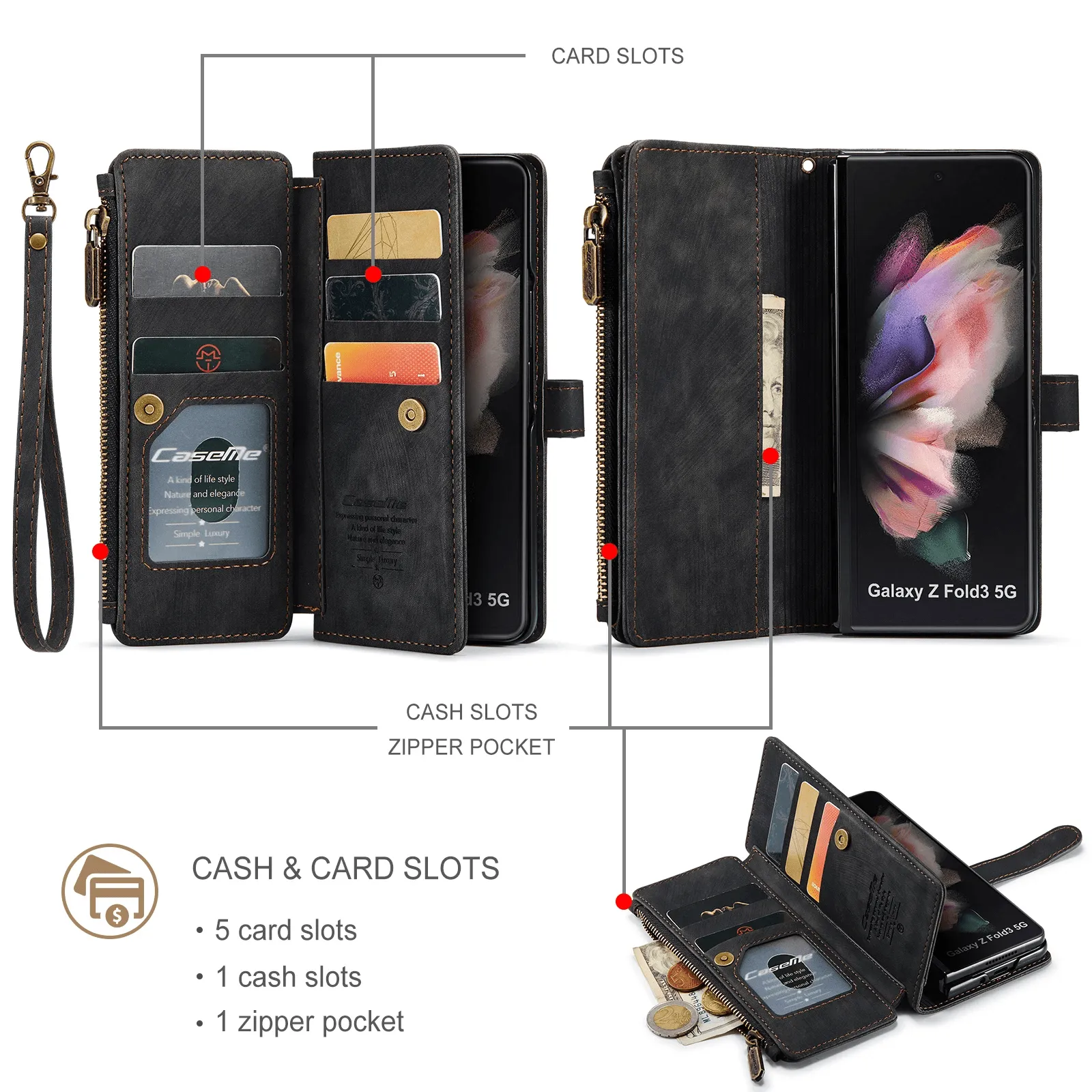 Zipper Leather Wallet Case For Samsung Z Fold